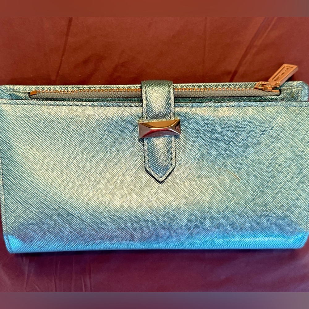 NWOT Rebecca Minkoff Metallic Teal Saffiano Leather slim wallet MSRP $195 - Picture 10 of 10